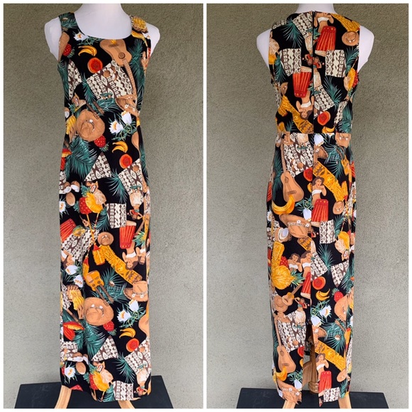 🌺 80s Hawaiian Rayon Dress Hula Tapa Ukulele Tiki - Picture 2 of 12